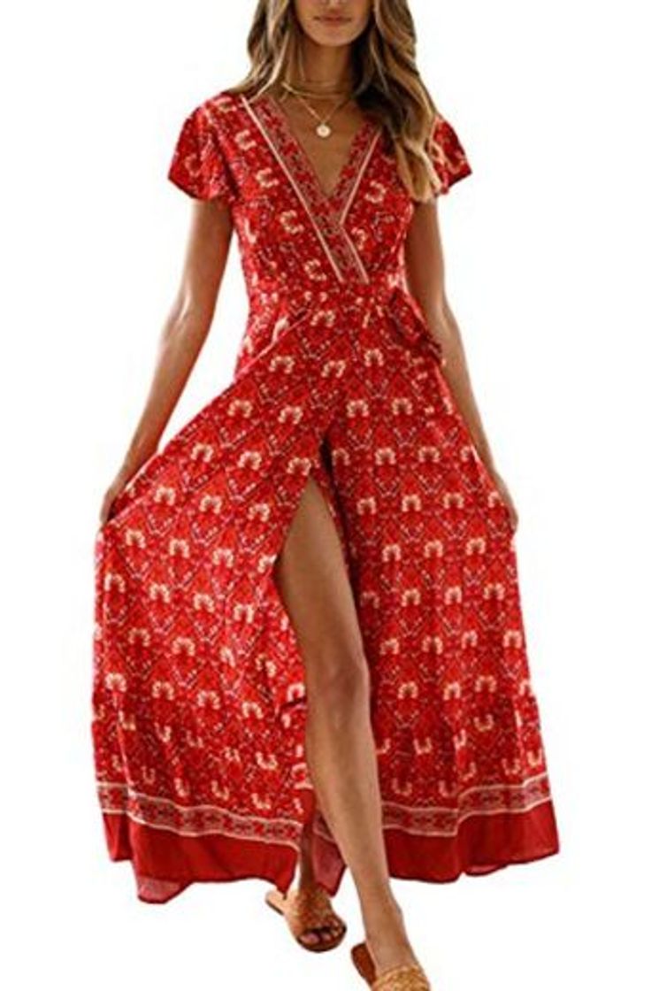 Social Vestido Mujer Bohemio Largo Verano Playa Fiesta Floral Manga Corta Cuello en V Talla Split Wrap Maxi Vestidos 5 M
