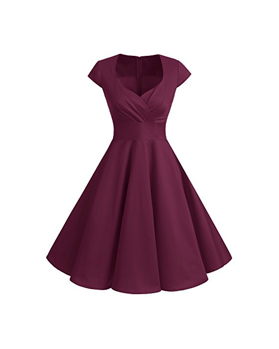 Moda Bbonlinedress Vestido Corto Mujer Retro Años 50 Vintage Escote En Pico Burgundy