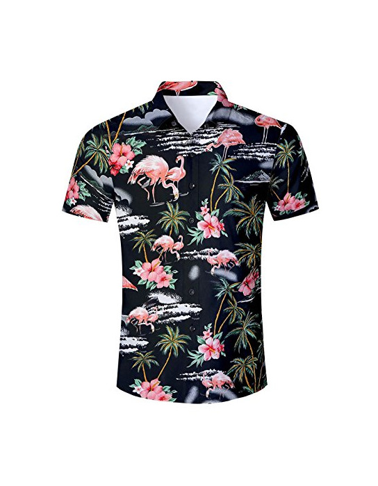 Fashion AIDEAONE Hombre Flamingo Camisa Hawaiana Manga Corta Camisas Playa Verano Negro