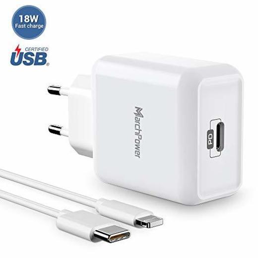 Cargador Rapido iPhone MFi Certificado, Marchpower 18W Cargador de Pared USB C