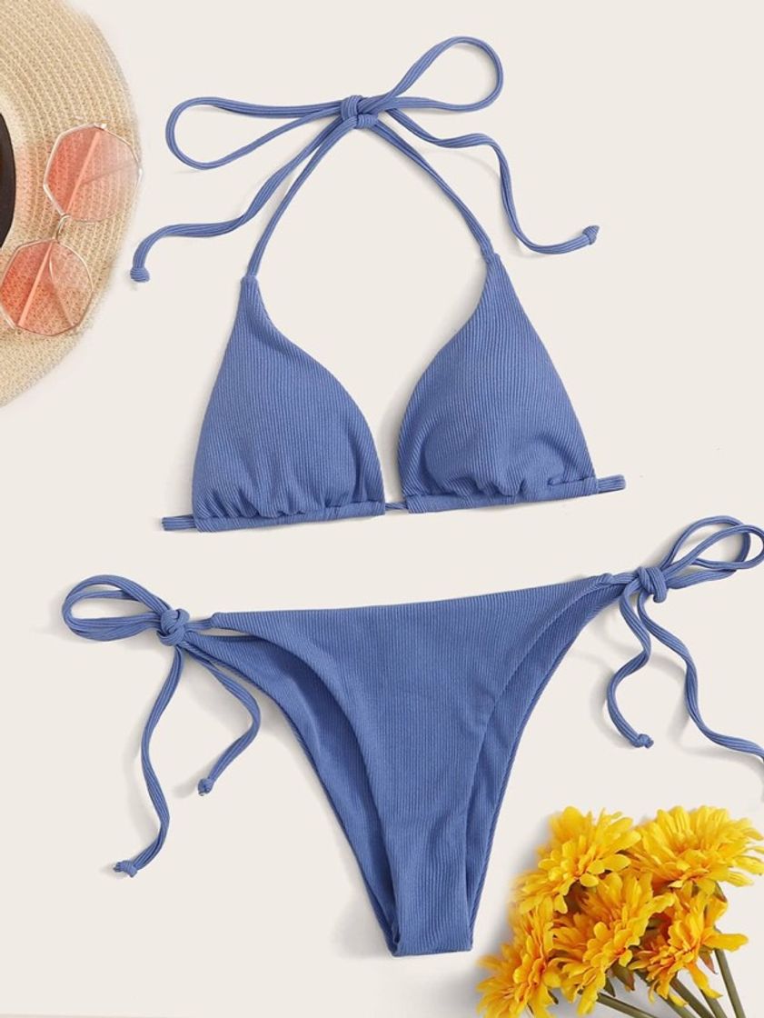 Moda Ribbed Triangle Tie Side Bikini 