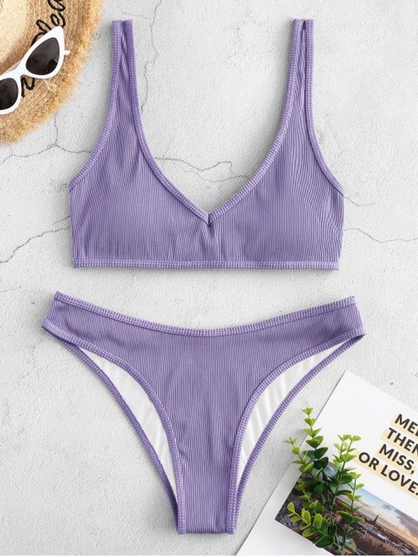 Moda  Bikini Acanalado Con Textura En morado