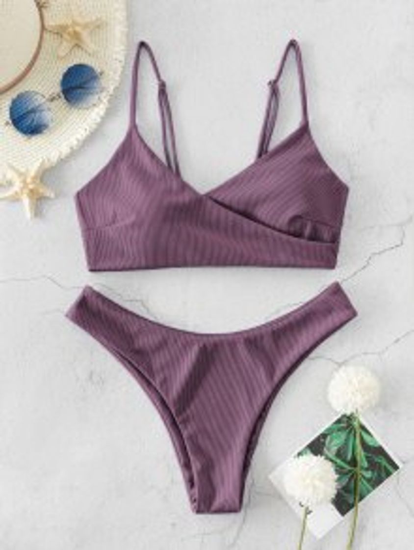 Social  Ribbed High Leg Surplice Bikini