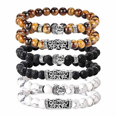 Besteel 6PCS 8MM Bolas Pulseras para Hombre Piedra Volcánica Pulsera de Ojo