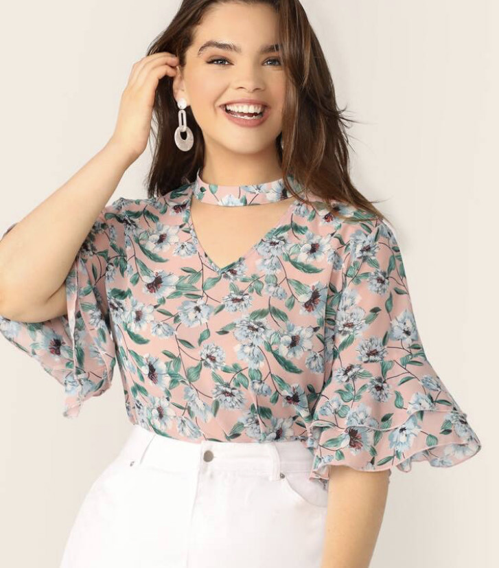 Product V-Cut Choker Floral Print Butterfly Sleeve Blouse