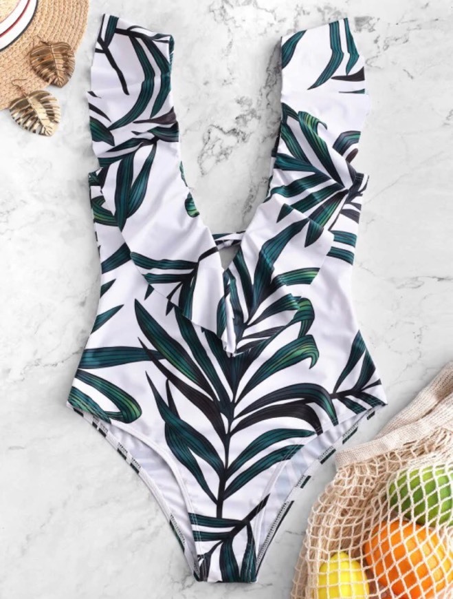 Leaf Print Ruffle Plunging Swimsuit 