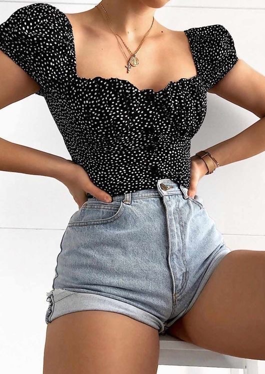 Fashion Polka Dot puff sleeve Bardot crop top 