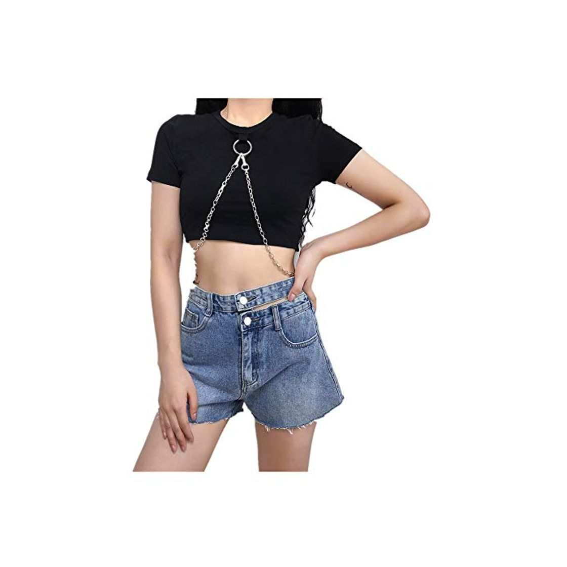 Social VJGOAL Tops Cortos de Cuello Redondo de Manga Corta para Mujer Verano Blusa Estilo Punk Gótica Cadena Camisetas