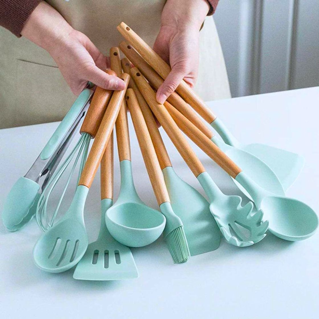 Moda KIT de Utensílios Para Cozinha em 50% Silicone e Bambu 12 Peças LOJA UTILIMIX