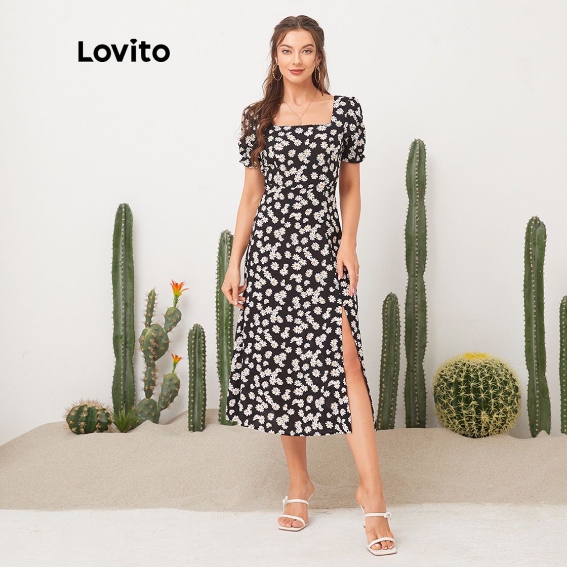 Moda Lovito Casual Vestido de Estampa Floral de Gola Quadrada L11D32