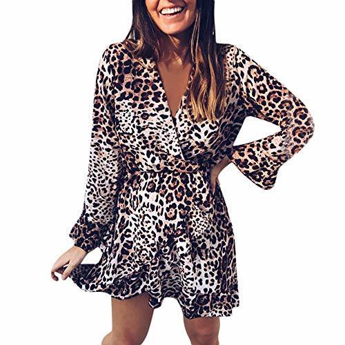 Fashion Vestidos Mujer Leopardo Impreso Vestido de Largo Maxi Falda de Manga Larga