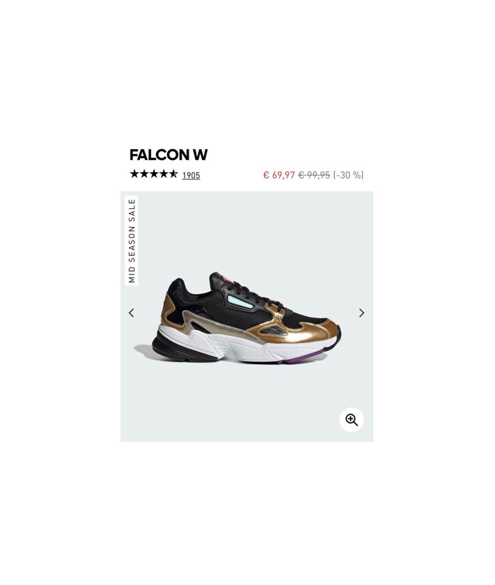 Productos Adidas Falcon pretos e dourados