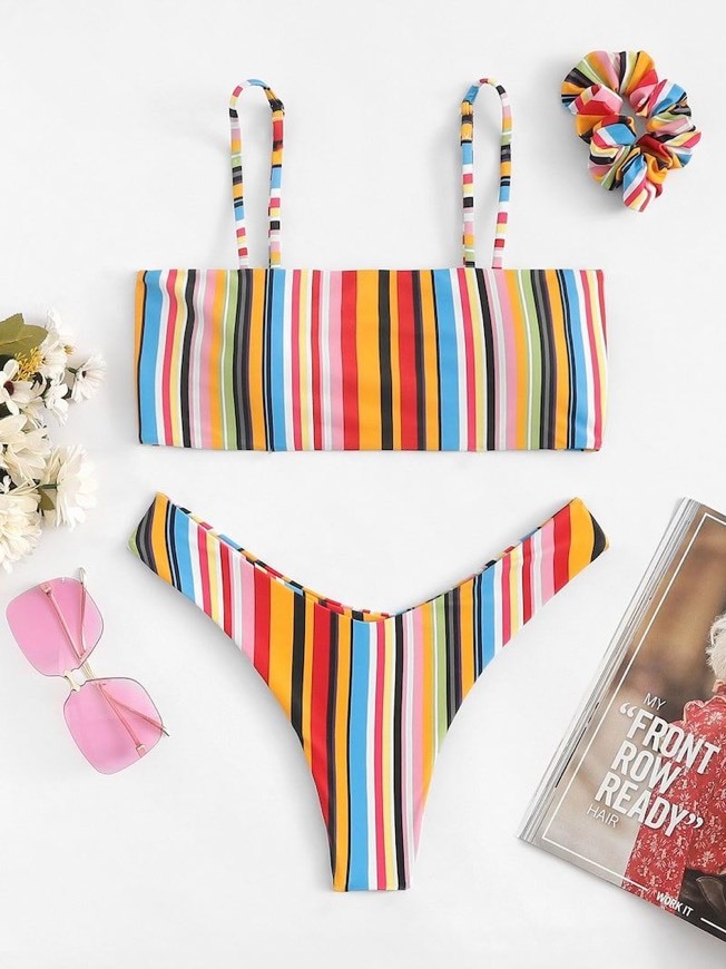 Product Rainbow Striped High Cut Bikini With Hair Tie