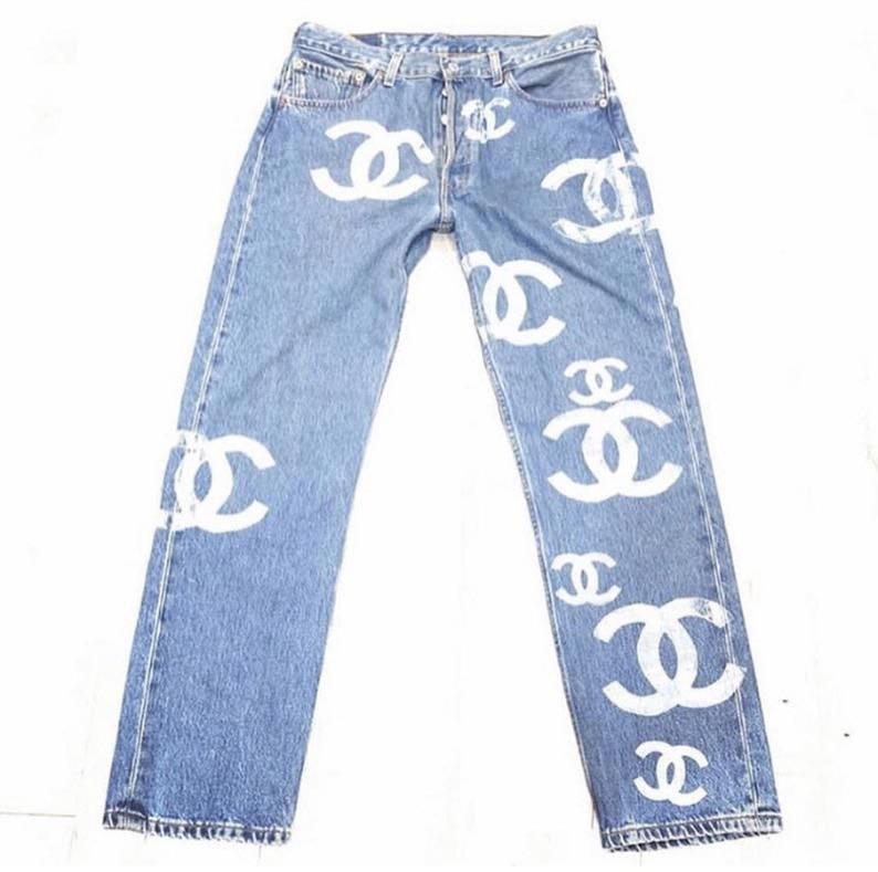 Social Custom Handpainted Vintage Denim Distressed Jeans