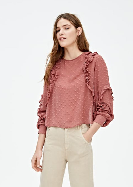 Social Blusa Rosa de Plumeti com Folhos