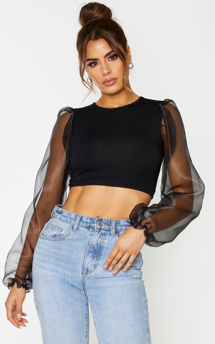 Products Tall Black Organza Sleeve Jersey Crop Top