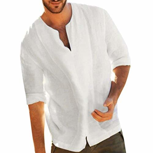 Fashion Camisa para Hombre Lino Blusa Casual de Manga Top Sin Cuello de