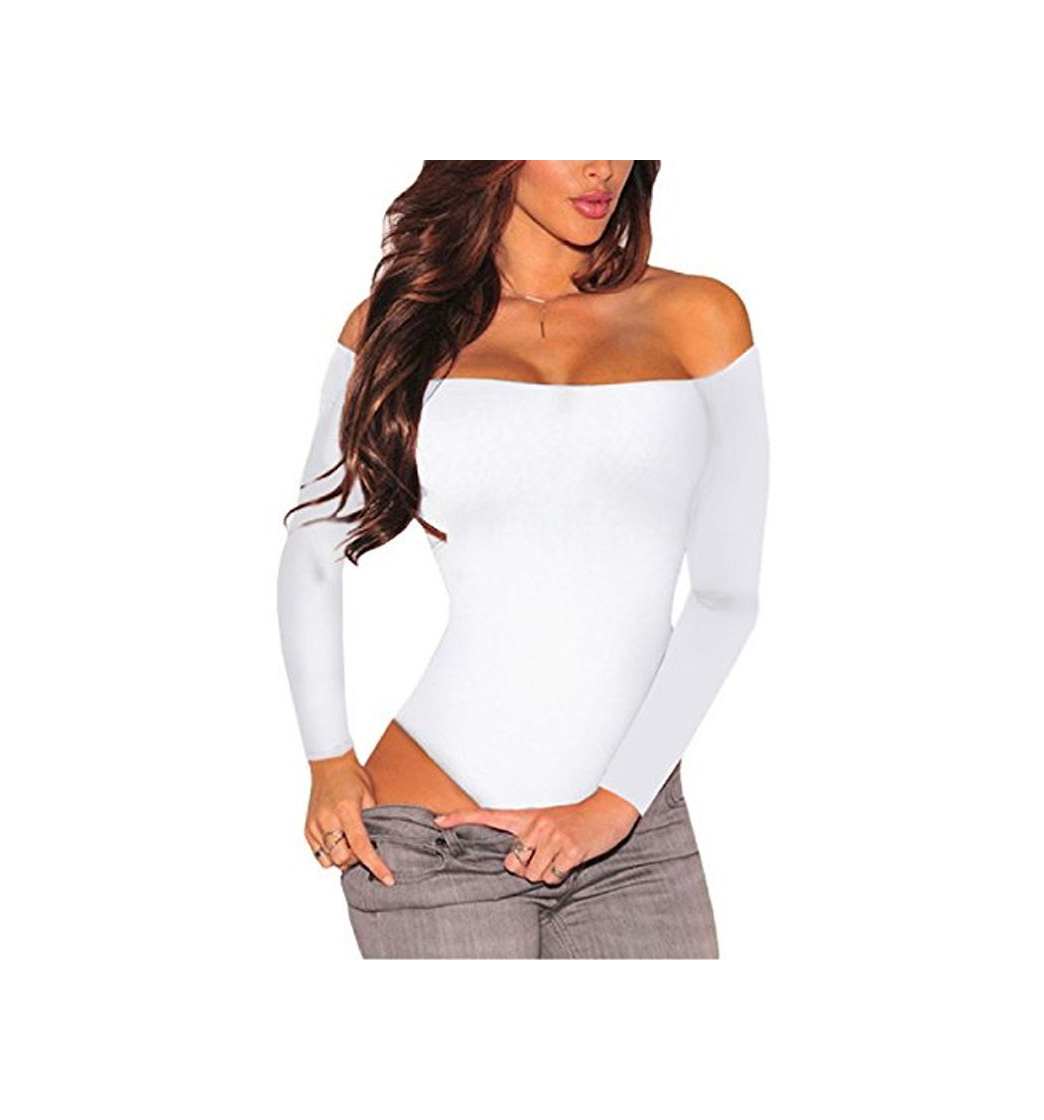 Moda SEBOWEL Mujer Sexy Off Shoulder Manga Larga Body Mono Leotardo Camiseta Top