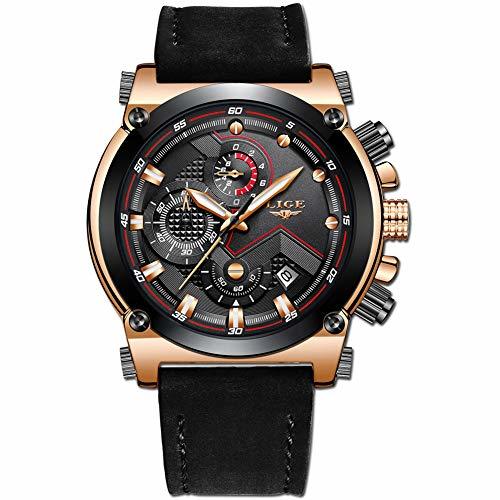 Moda LIGE Hombre Relojes Moda Oro Reloj Hombres Negocios Clásico Negro Cuero Automática