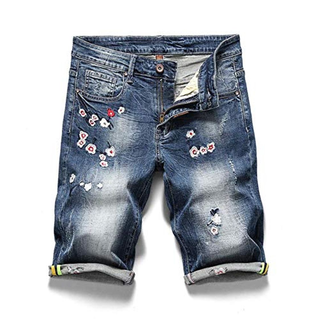 Product WANG Fashion Mens Ripped Embroidered Denim Shorts Strench Distressed Short Jeans with