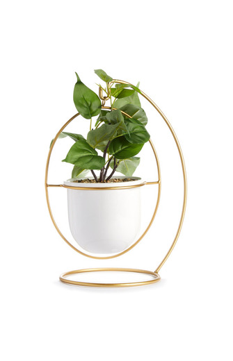 Vaso planta artificial pendurado branco e dourado