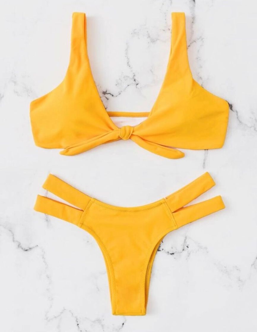 Social Solid Knot Top With Cut Side Bikini Set