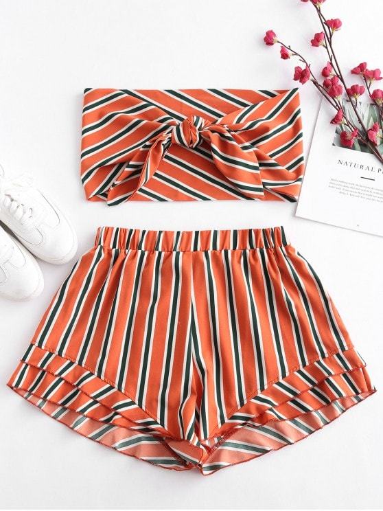 Product ZAFUL stripes Tie Front Bandeau Top Set