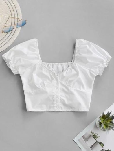 smocked back buttoned crop blouse