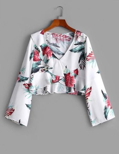 floral leaf flounce crop blouse 