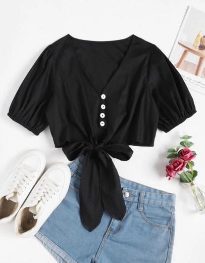 Button Loop Knotted Crop Blouse