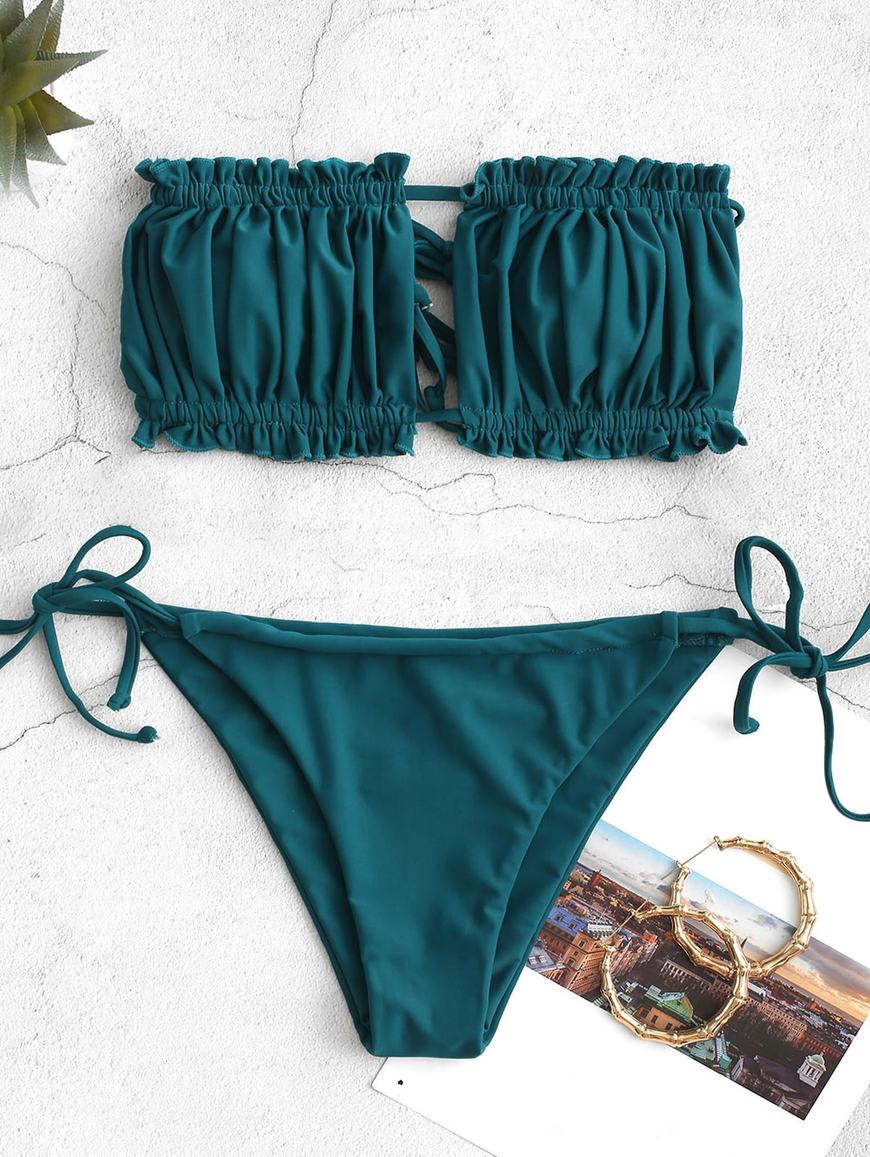 Moda ZAFUL Ruffle Tie Side Low Waisted Bandeau Bikini Swimsuit