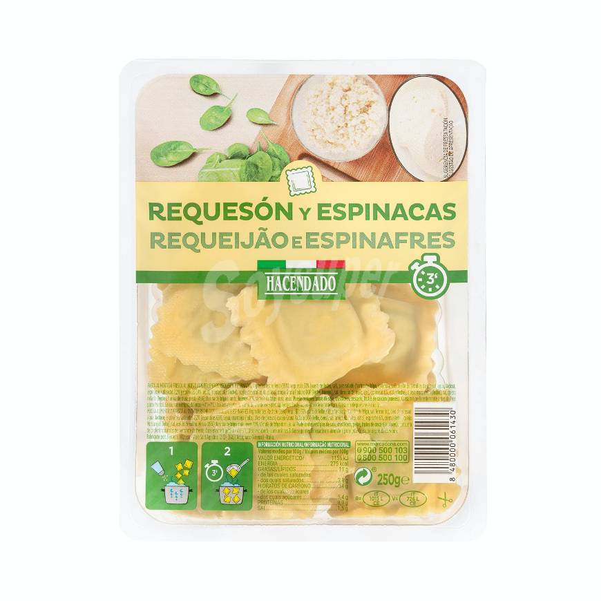 Productos Ravioli requesón y espinacas hacendado