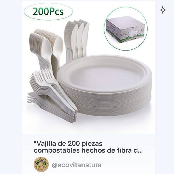 Producto Vajilla de 200 piezas compostables hecha de fibra de Caña