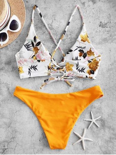 Zaful flower leaf criss cross lace up bikini swimsuit