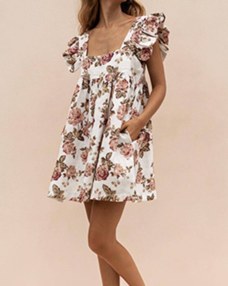 Social Floral square neck ruffle sleeve dress
