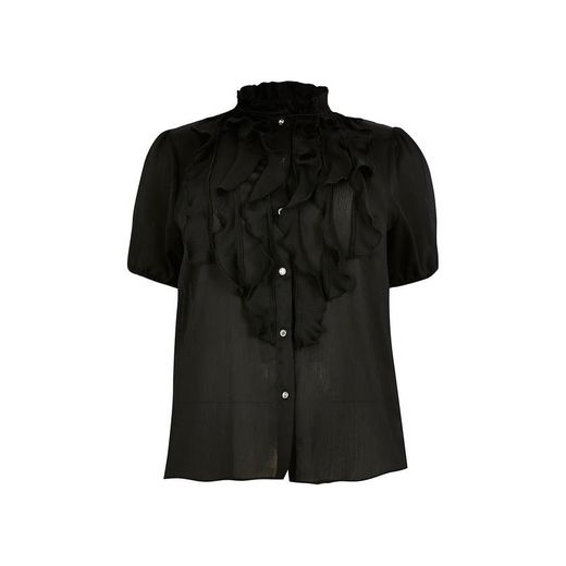 River island plus ruffle front detail blouse in black 
