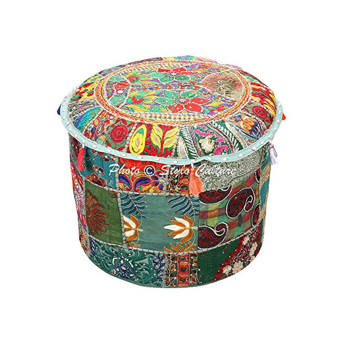 Product Asiento Pouffe Vintage Reposapiés Cubierta de Banco Verde Oscuro Indian Patchwork Bordado