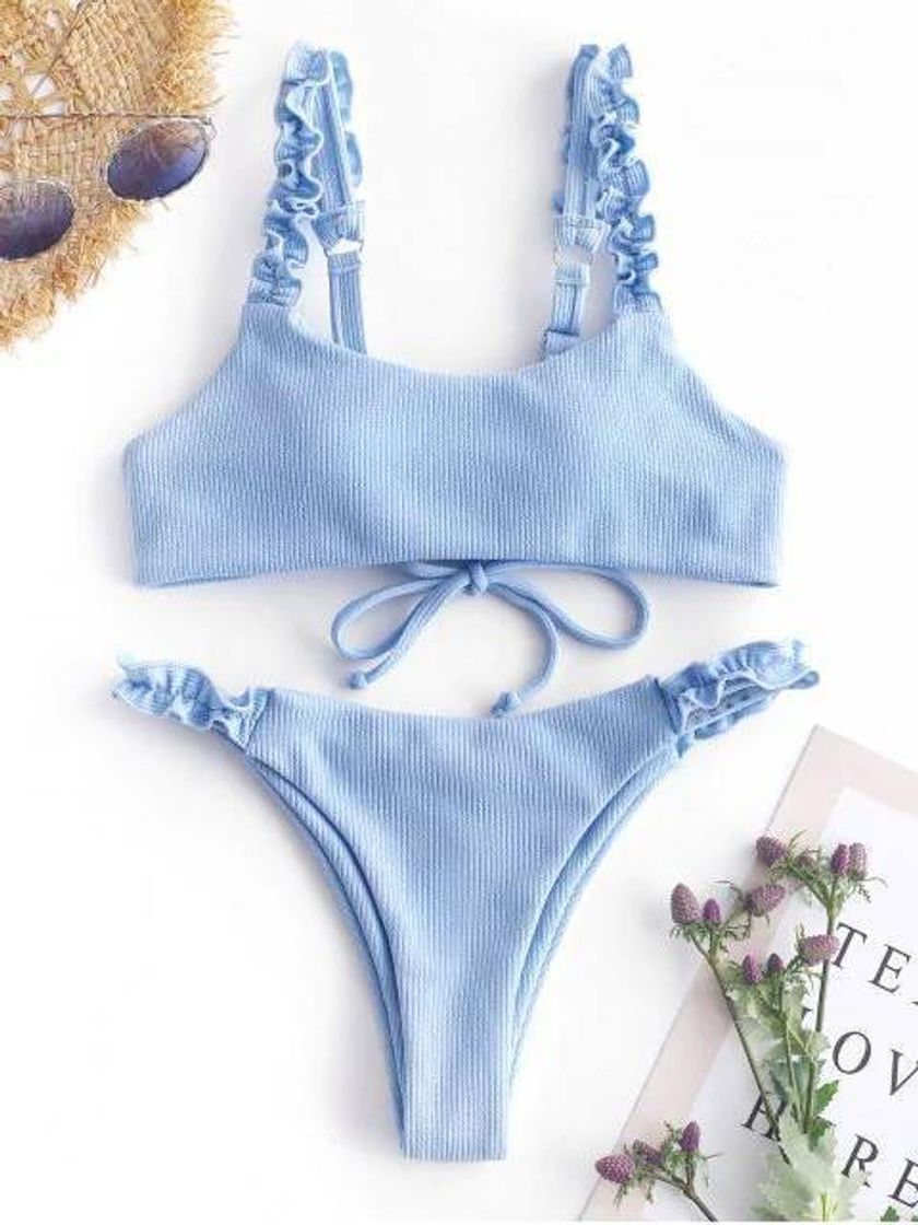 Social ZAFUL Ribbed Lace Up Lettuce Strap Bikini Set 