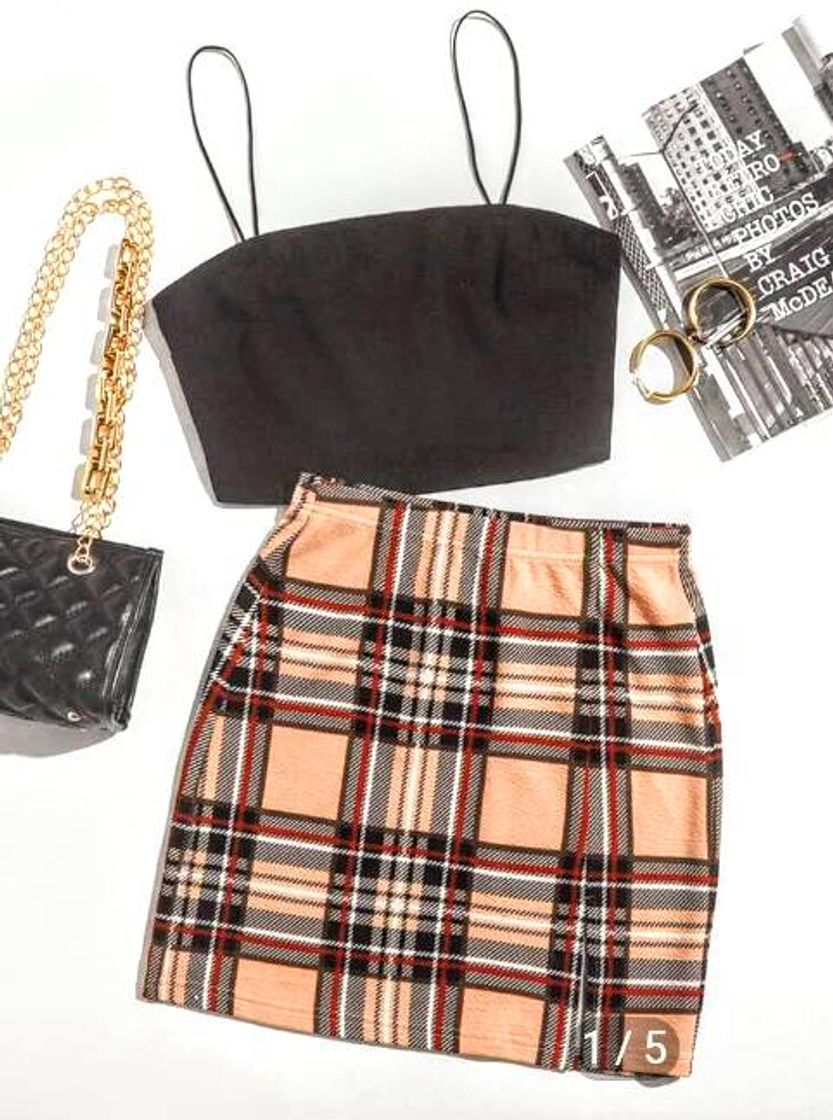 Fashion Solid Crop Cami Top & Plaid Skirt Set