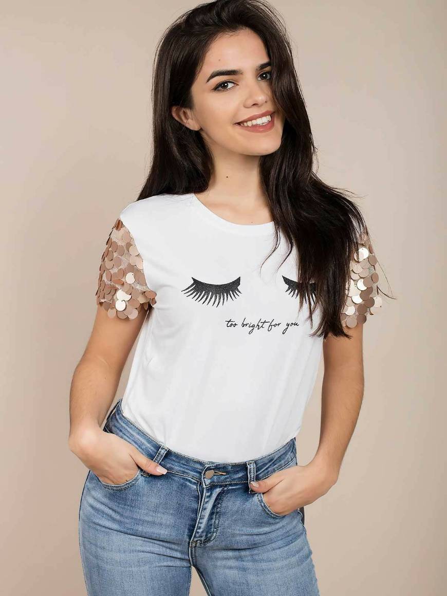 Moda T-shirt estampada com lantejoulas