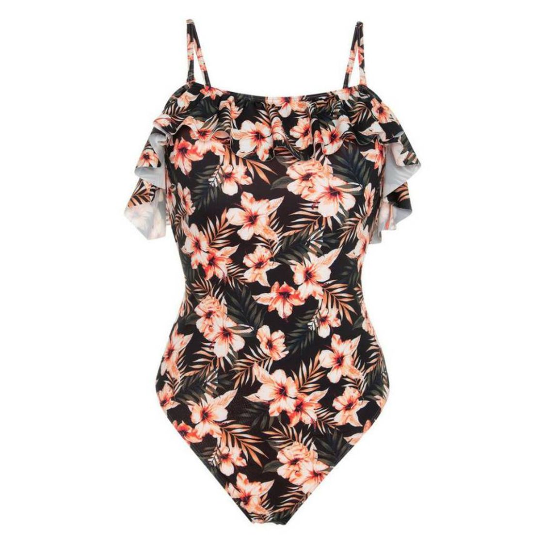 Moda Fato banho bardot folhos estampado floral preto e cor de laranja ...