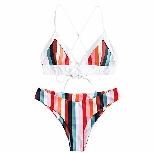 Lugar ZAFUL Bikini de Triángulo con Rayas Arco Iris Colorido Cordón Cruzado en