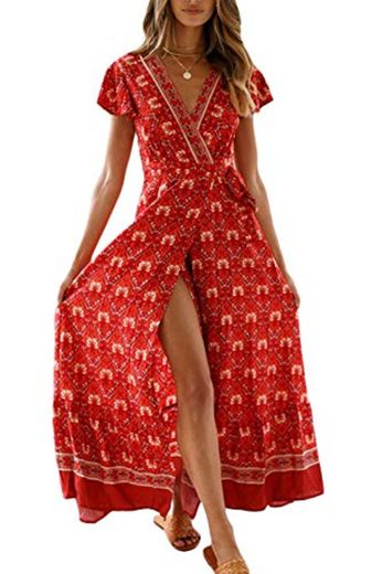 Vestido Mujer Bohemio Largo Verano Playa Fiesta Floral Manga Corta Cuello en V Talla Split Wrap Maxi Vestidos 5 M
