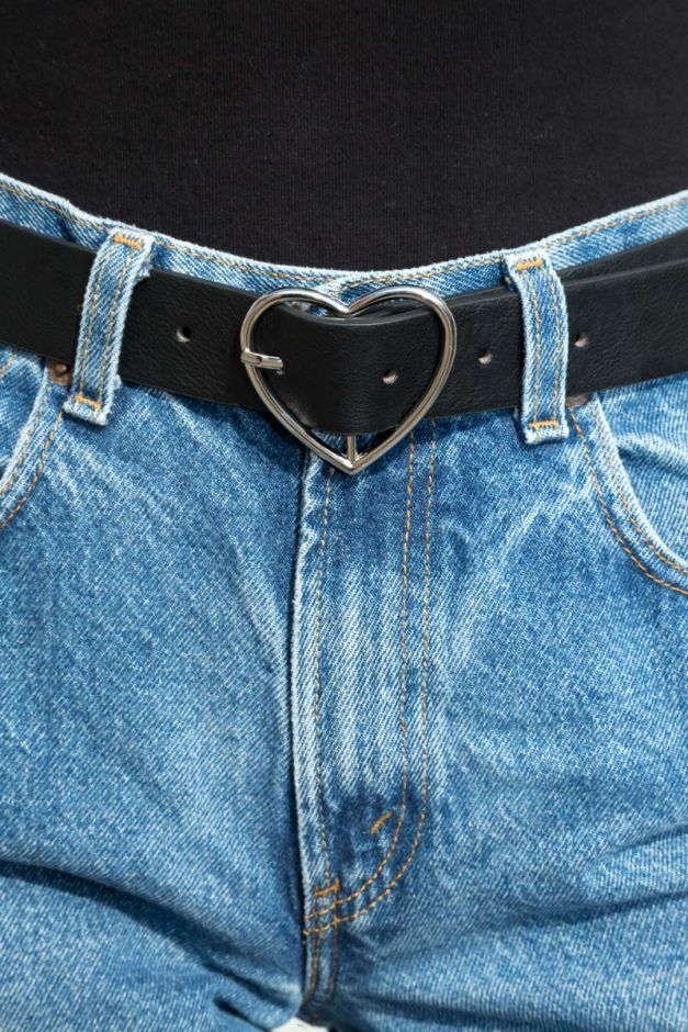 BLACK FAUX LEATHER SILVER HEART BELT