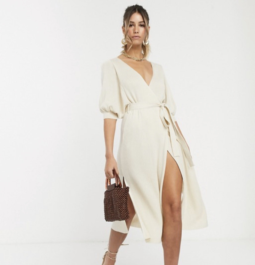 Producto ASOS DESIGN wrap midi dress in rib knit with volume sleeve