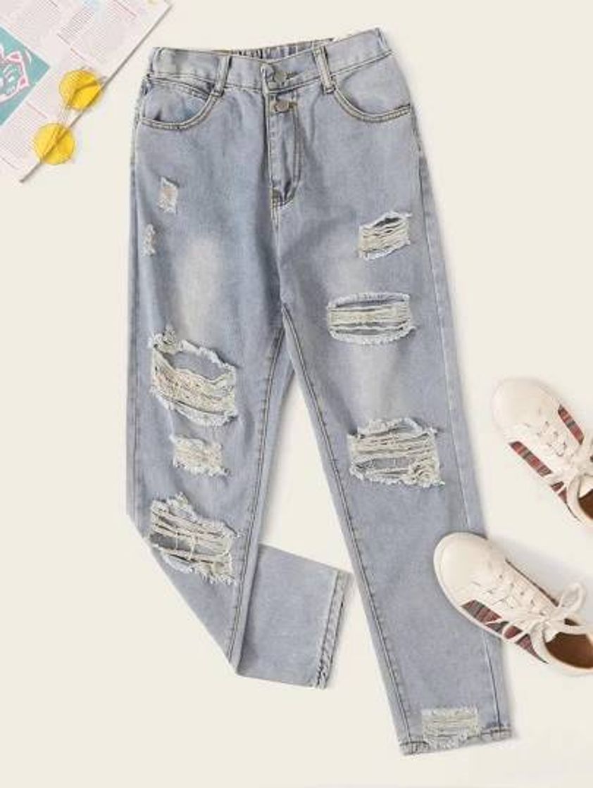 Products Bleach Wash Ripped Distressed Mom Jeans 