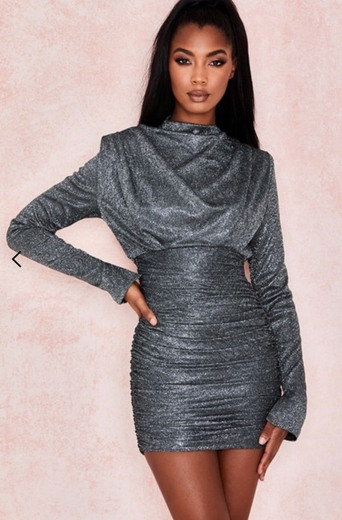 Clothing : Bodycon Dresses : 'Irena' Silver Sparkle Draped Mini Dress