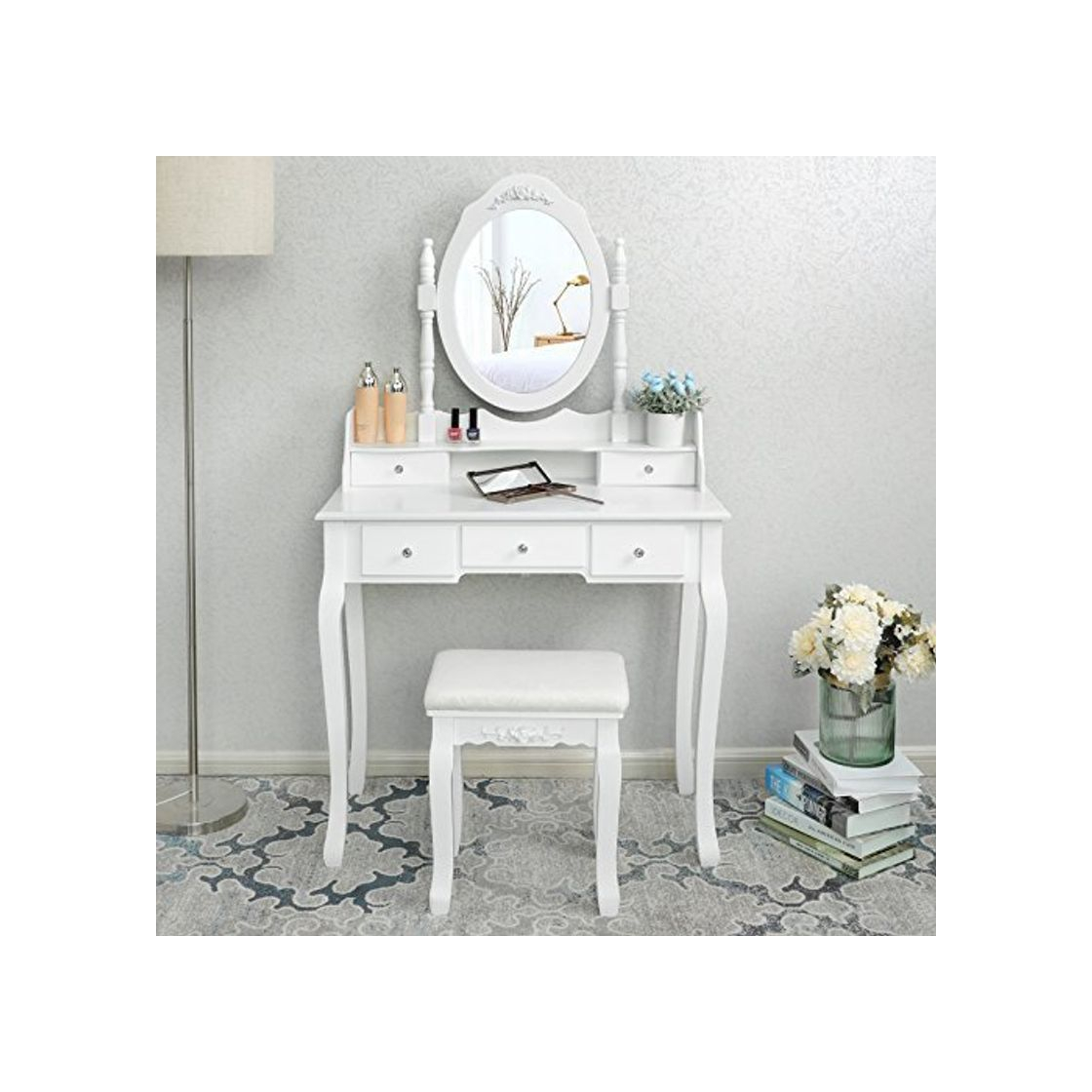Social SONGMICS Blanco Tocador Mesa de Maquillaje Belleza 5 Cajones Espejo Giratorio Taburete