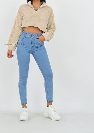 Belted paperbag skinny blue jeans - OUTFITBOOK