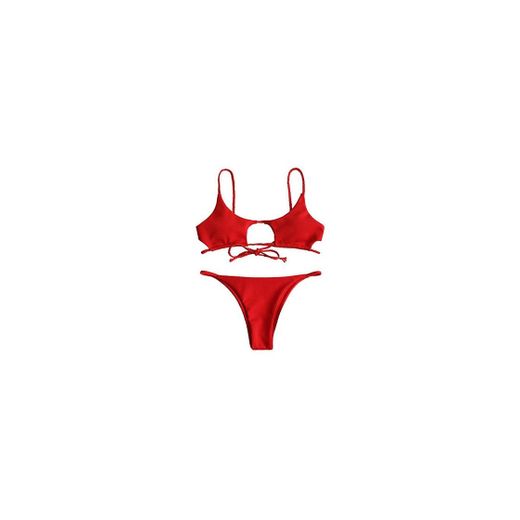 ZAFUL Conjunto de bikini con correa de espagueti sexy para mujer Rojo